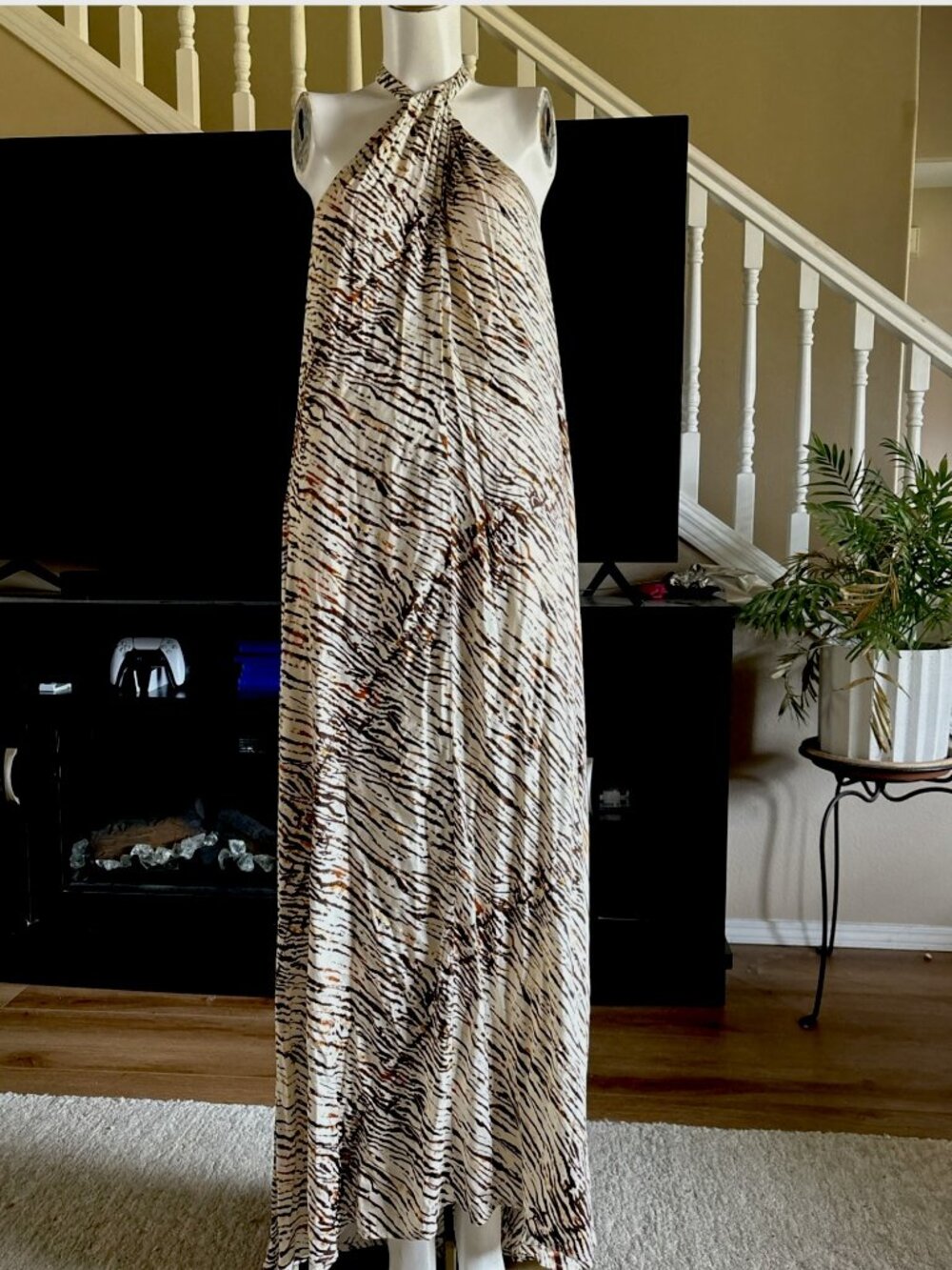 Elan Zebra Print Halter Maxi Dress Women Large Brown Tan Sleeveless Resortwear